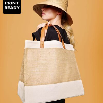 Adley jute with faux leather tote Thumbnail